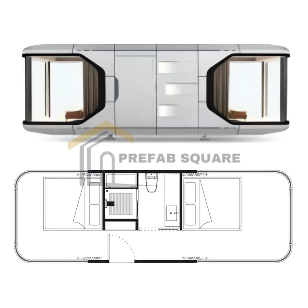PrefabSquare Space Capsule House Model E6 2 Bedrooms Layout